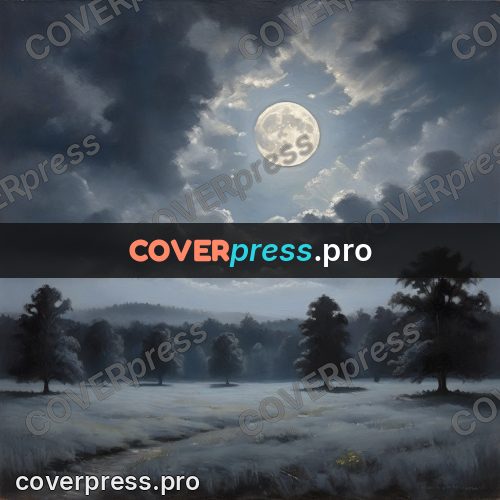 Oil painting illustration: moon above a misty meadow