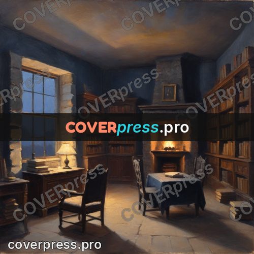 Oil painting illustration: room with tall bookshelves