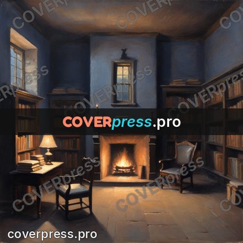 Oil painting illustration: room with tall bookshelves