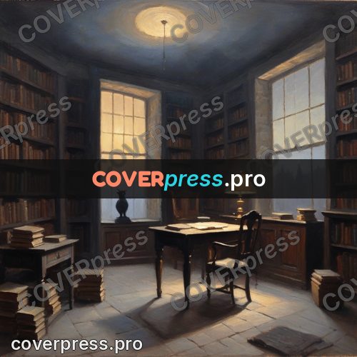 Oil painting illustration: room with tall bookshelves