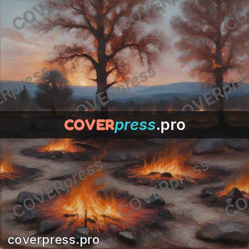 Oil painting illustration: bonfire among the trees