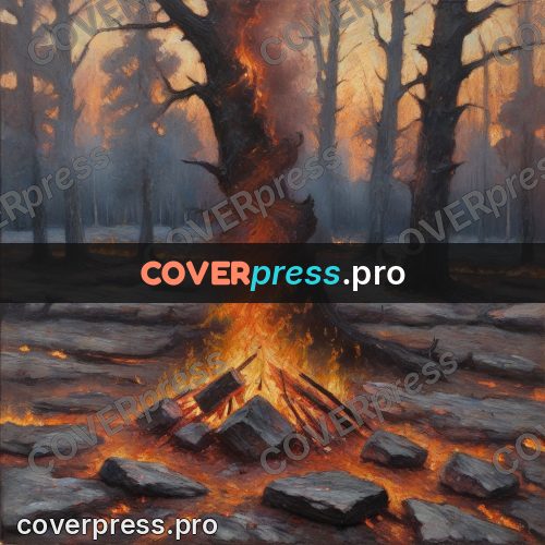 Oil painting illustration: bonfire among the trees