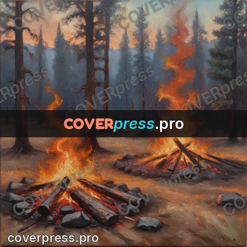 Oil painting illustration: bonfire among the trees