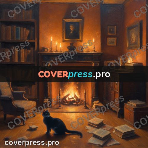 Oil painting illustration: cat by a burning fireplace