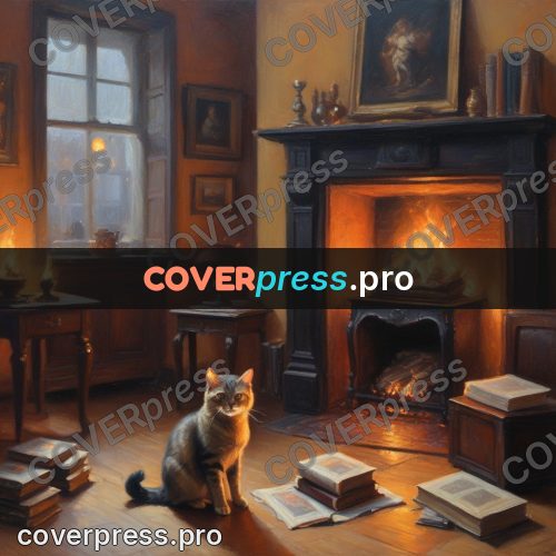 Oil painting illustration: cat by a burning fireplace