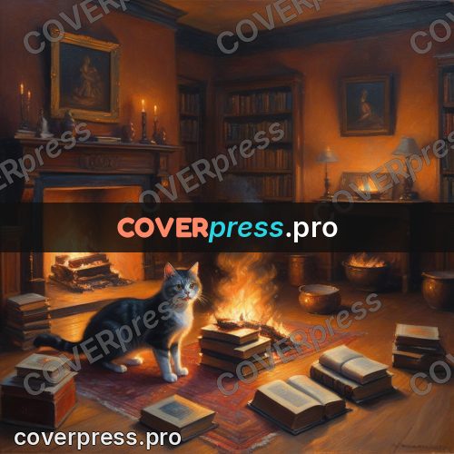 Oil painting illustration: cat by a burning fireplace