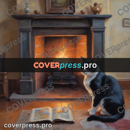 Oil painting illustration: cat by the fire with papers