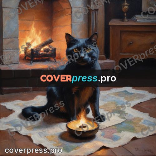 Oil painting illustration: cat by the fire with papers