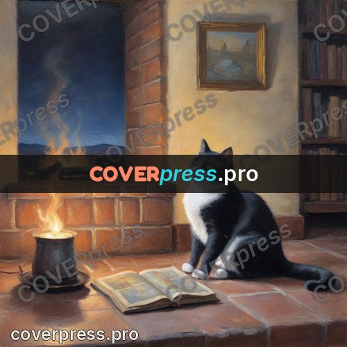 Oil painting illustration: cat by the fire with papers