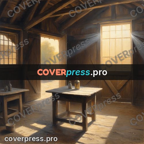 Oil painting illustration: table in a wooden barn