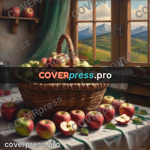 Oil painting illustration: basket of apples by a window