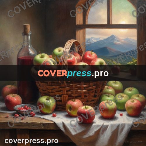 Oil painting illustration: basket of apples by a window