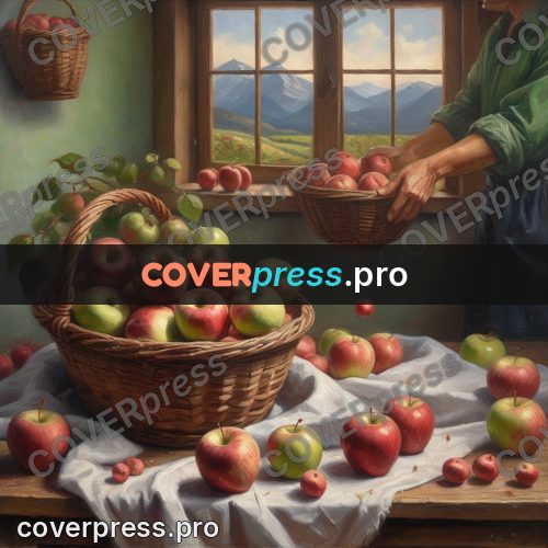 Oil painting illustration: basket of apples by a window