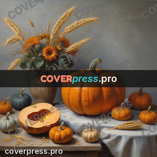 Oil painting illustration: pumpkin and wheat on a table