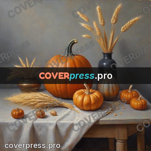 Oil painting illustration: pumpkin and wheat on a table