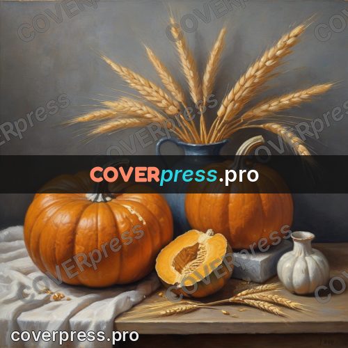 Oil painting illustration: pumpkin and wheat on a table