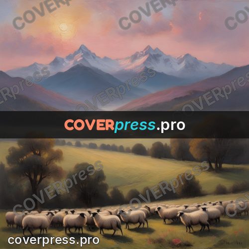 Oil painting illustration: flock of sheep in a valley