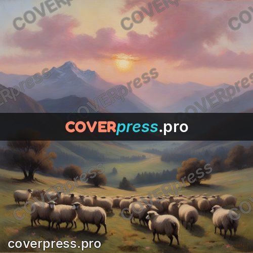 Oil painting illustration: flock of sheep in a valley