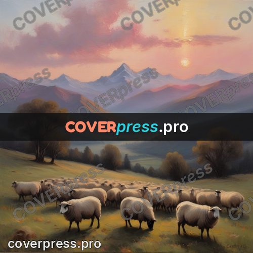 Oil painting illustration: flock of sheep in a valley