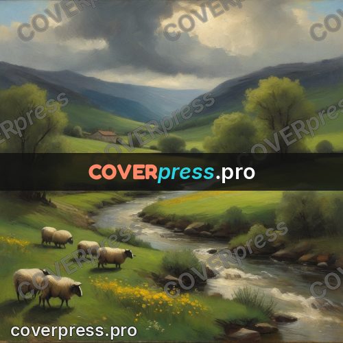 Oil painting illustration: sheep by a valley stream