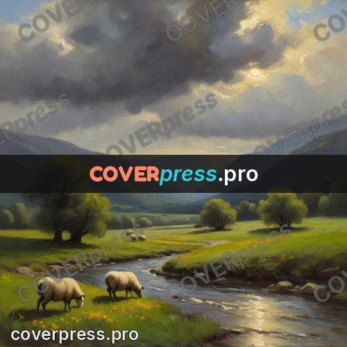Oil painting illustration: sheep by a valley stream