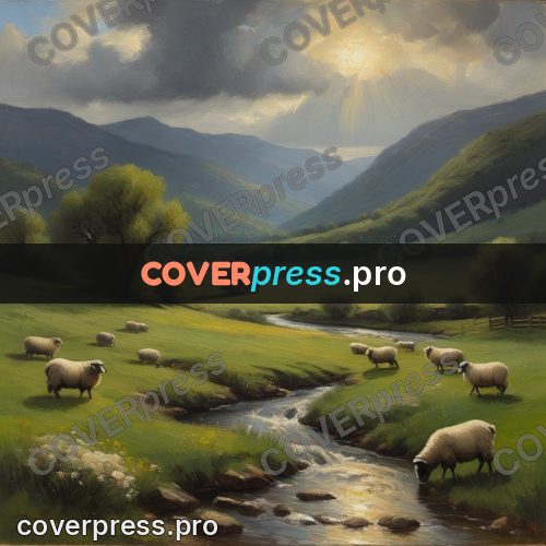 Oil painting illustration: sheep by a valley stream