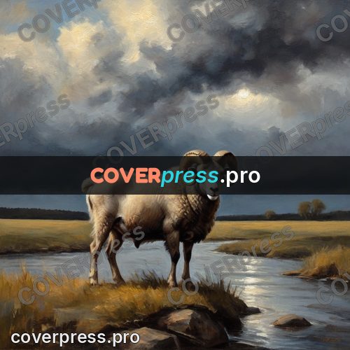 Oil painting illustration: ram with curled horns