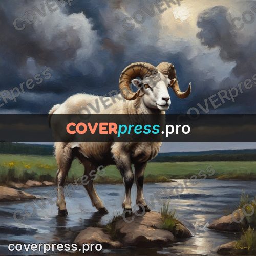 Oil painting illustration: ram with curled horns