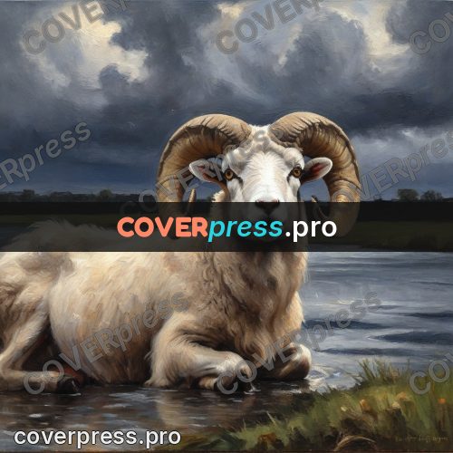 Oil painting illustration: ram with curled horns