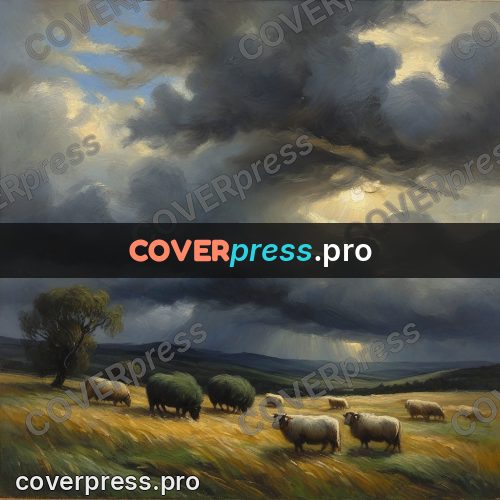 Oil painting illustration: hills under storm clouds