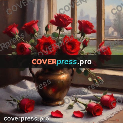 Oil painting illustration: red roses in a bronze vase