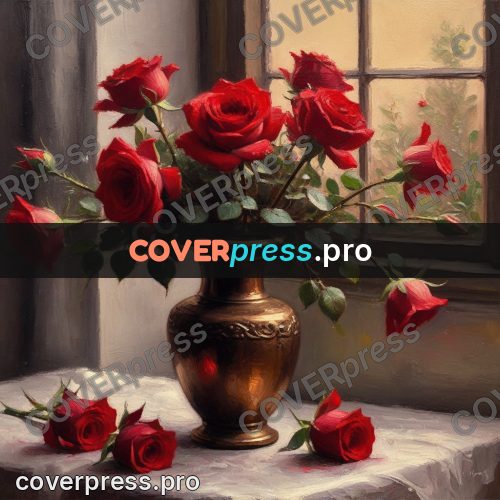 Oil painting illustration: red roses in a bronze vase