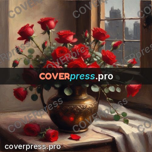 Oil painting illustration: red roses in a bronze vase