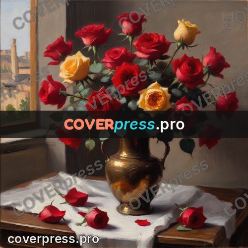 Oil painting illustration: roses in a brass vase