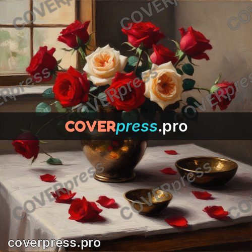 Oil painting illustration: roses in a brass vase