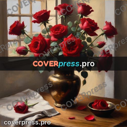 Oil painting illustration: roses in a brass vase