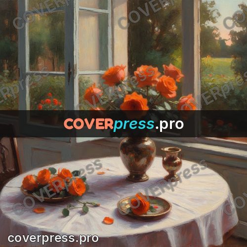 Oil painting illustration: orange roses on a round table