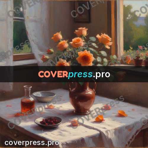 Oil painting illustration: orange roses on a round table