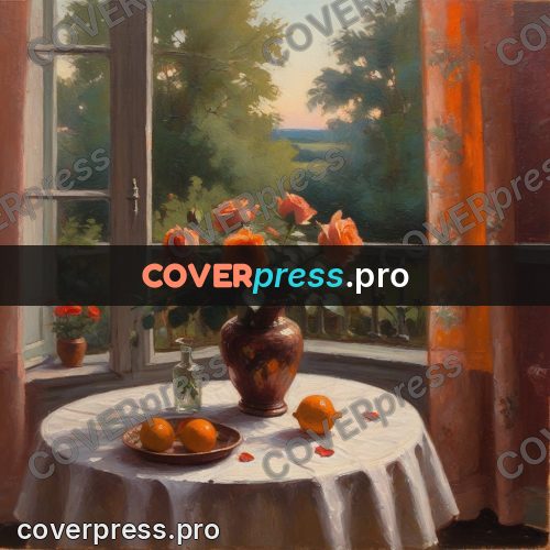Oil painting illustration: orange roses on a round table