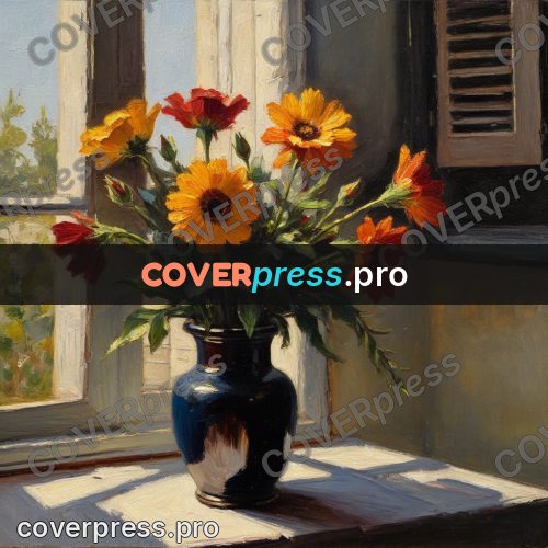 Oil painting illustration: yellow flowers on a windowsill