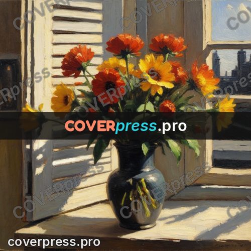 Oil painting illustration: yellow flowers on a windowsill