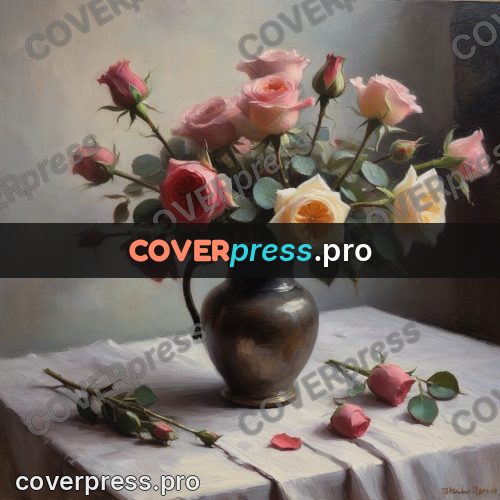 Oil painting illustration: pink roses in a vase