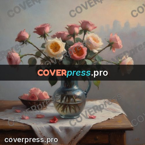Oil painting illustration: pink roses in a vase