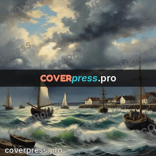 Oil painting illustration: boats in a harbour under clouds