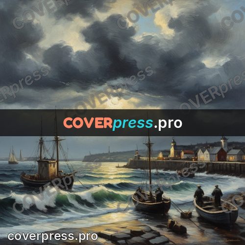Oil painting illustration: boats in a harbour under clouds