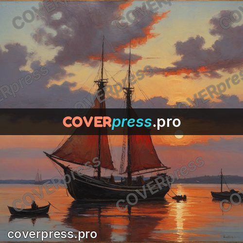 Oil painting illustration: boat with red-brown sails