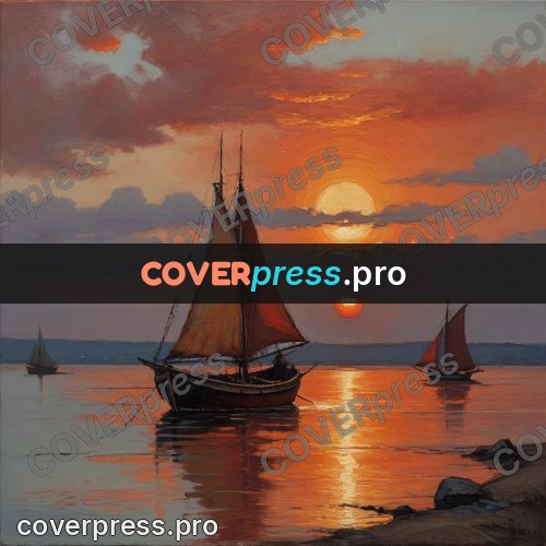 Oil painting illustration: boat with red-brown sails