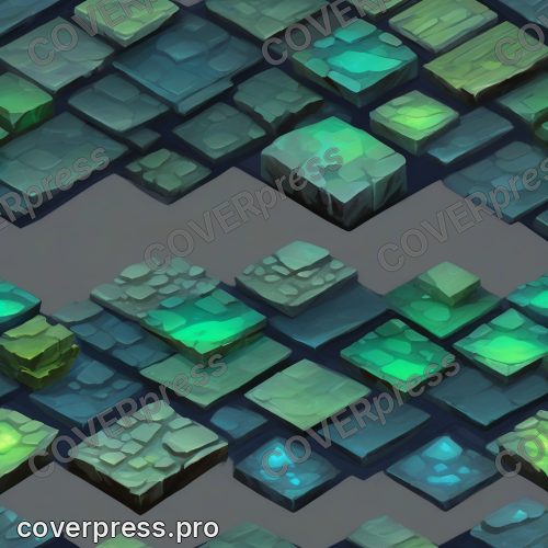 В стиле Игровая изометрия: осыпь сланцевых плит на срезанном основании, фон ровный тёмно-синий, без деталей