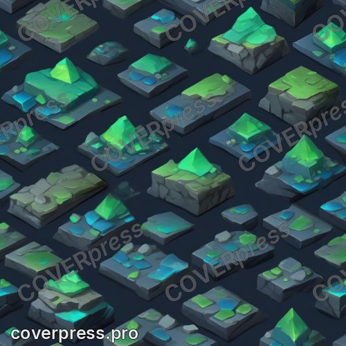 В стиле Игровая изометрия: осыпь сланцевых плит на срезанном основании, фон ровный тёмно-синий, без деталей