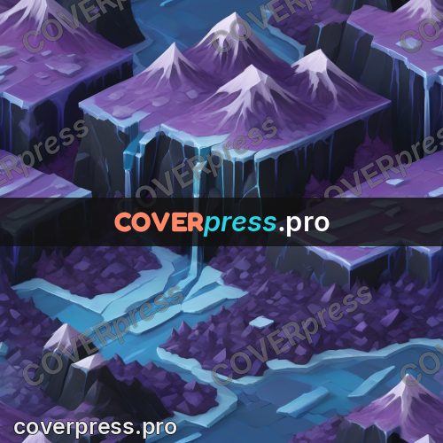 Isometric drawing: mountain with waterfalls on a slab